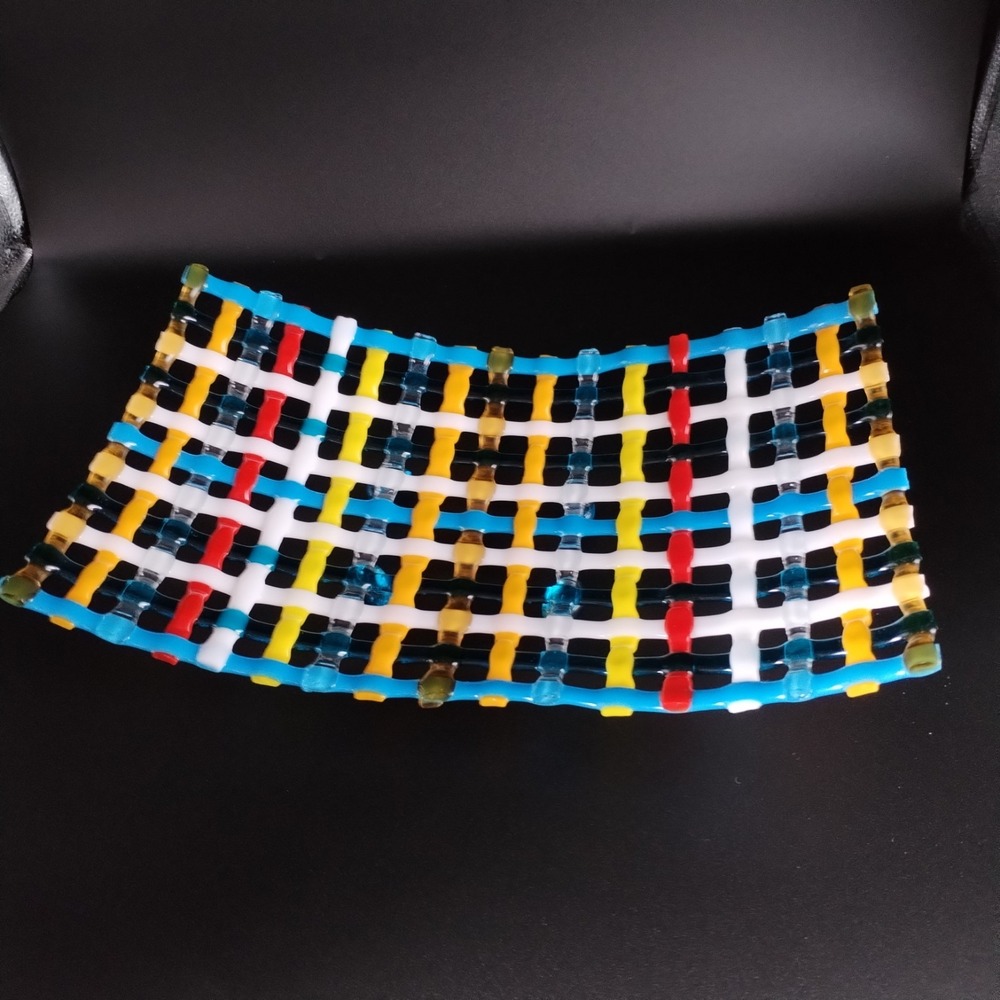 Vintage Fused Art Glass Lattice Tray Woven Grid Bowl Platter Colorful Blue Feet